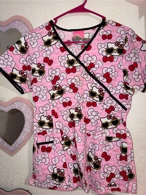 Hello Kitty Pink Short Sleeve V-Neck Scrub Top with Sunglasses Graphic